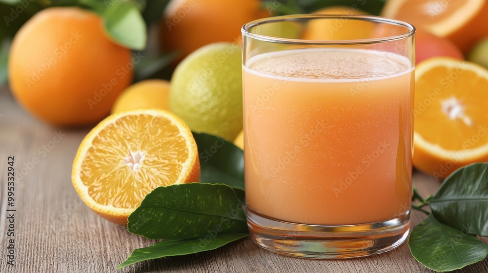 Fresh orange juice with oranges on a wooden table. Fresh orange juice with oranges on a wooden table.