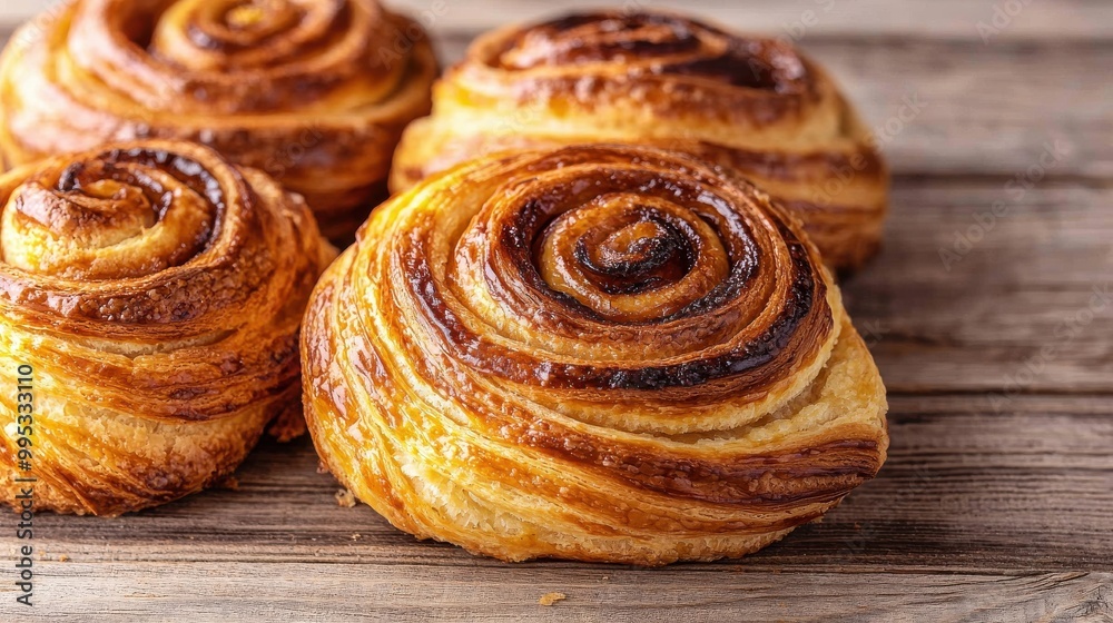 Fototapeta premium Freshly baked cinnamon rolls on wooden surface