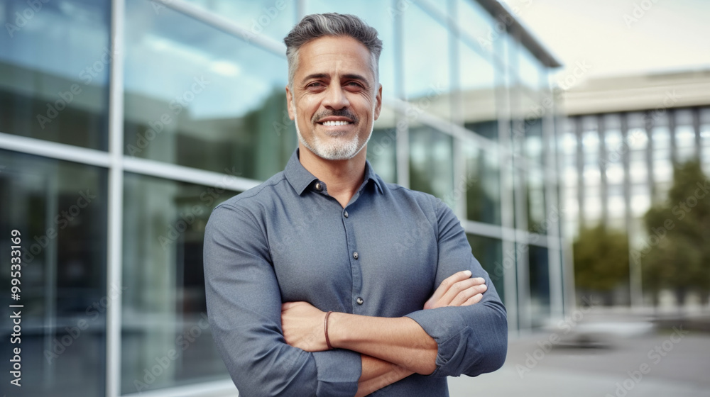 Portrait of a confident man standing with his arms crossed in front of a modern office building, smiling and looking at the camera. Portrait of a confident man standing with his arms crossed in front of a modern office building, smiling and looking at the camera.