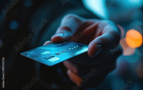 Close-up of a hand holding a credit card with blurred background. Photography for design and print. Finance and payment concept.