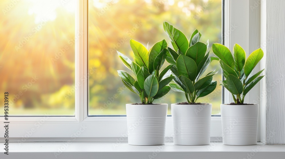 Fototapeta premium Three potted plants on a windowsill with sunlight streaming in.