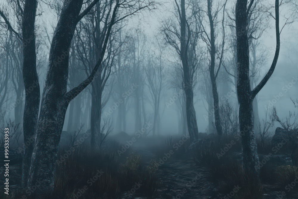 A foggy forest scene with bare trees, creating an eerie atmosphere and a sense of mystery along the winding path ahead. A foggy forest scene with bare trees, creating an eerie atmosphere and a sense of mystery along the winding path ahead.