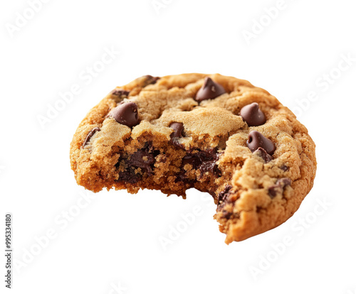 Chocolate chip cookie with a bite taken.