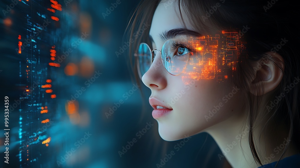  AI cyber security threat illustration, school student learning data coding information technology, augmented reality artificial intelligence collage, side profile, copy space 