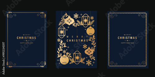 Luxury gold christmas invitation card folk design vector. Christmas bauble, holly, leaves, snowflake, frame, lantern on navy blue background. Design illustration for cover, print, poster, wallpaper.