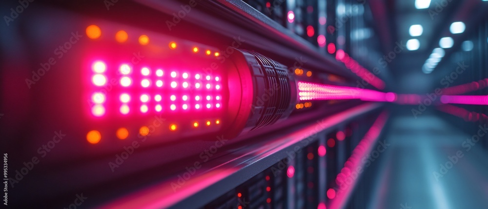 Close-up of a server rack with pink and orange lights in a data center. Close-up of a server rack with pink and orange lights in a data center.
