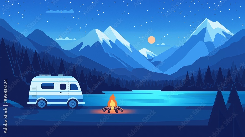 Serene Camping Scene with Camper and Campfire at Night Serene Camping Scene with Camper and Campfire at Night