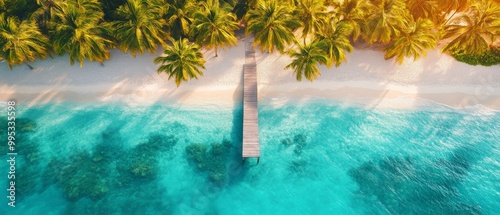 Aerial view of a serene tropical beach with a wooden pier, lined with palm trees under a golden sunset