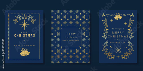 Luxury gold christmas invitation card folk design vector. Christmas bauble, holly, leaves, snowflake, frame on navy blue background. Design illustration for cover, print, poster, wallpaper.