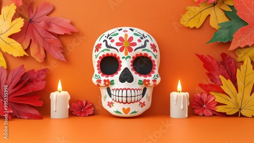 Festive sugar skull art, with intricate floral designs and lit candles surrounding it, 3D illustration