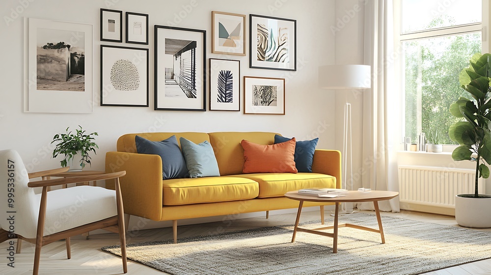 Fototapeta premium Cozy living room interior design view with paintings and photos hanging on the wall, colorful furniture combination
