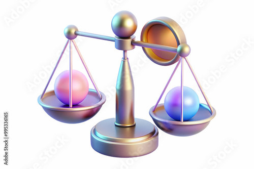 Floating Holographic Balance Scales Surrounded by Glowing Human Rights Symbols - Conceptual Photo Stock Image with White Background photo