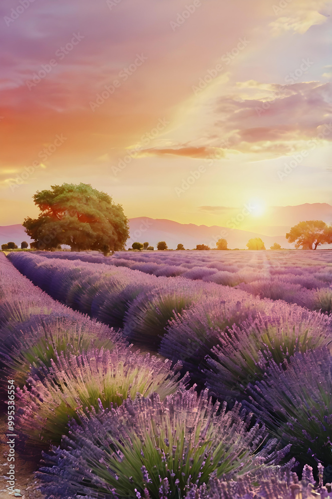 Fototapeta premium Lavender Field at Sunset. Capturing Nature’s Tranquil Beauty. Travel and Tourism, Environmental Appreciation.