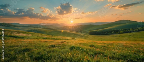 Serene Sunset Over Rolling Green Hills Landscape