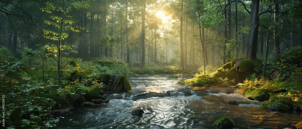 Fototapeta premium Tranquil Forest Stream with Sunlight Filter