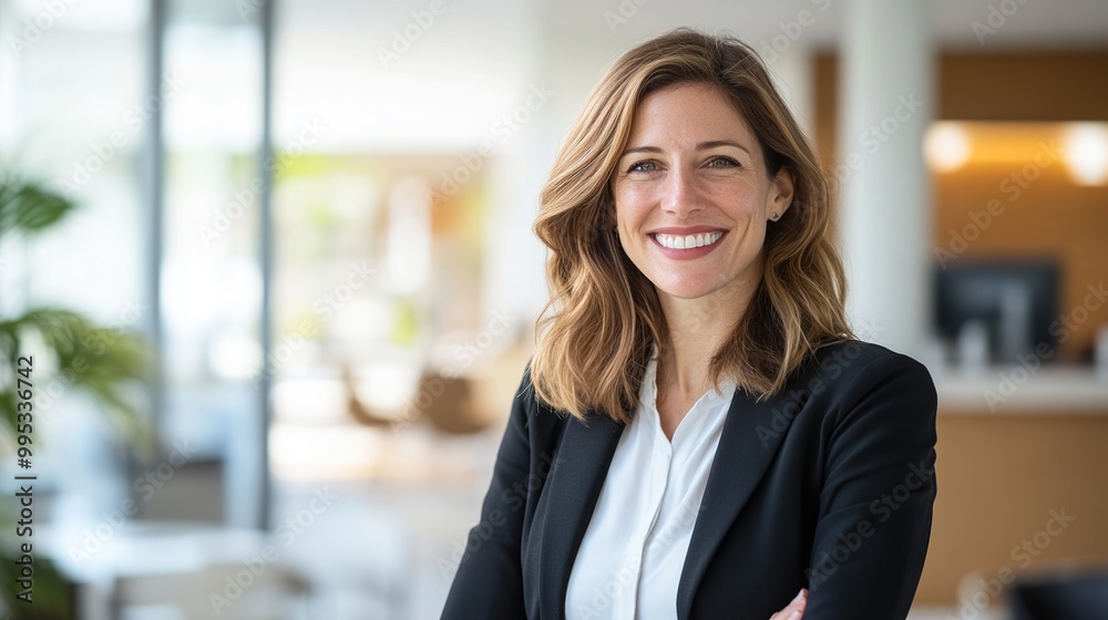 Beautiful female manager smiling happily standing with crossed arms inside the office Beautiful female manager smiling happily standing with crossed arms inside the office