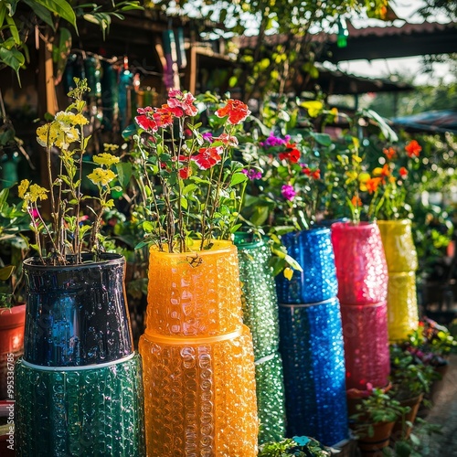 Upcycled bottles turned into colorful flower planters in a sustainable garden photo