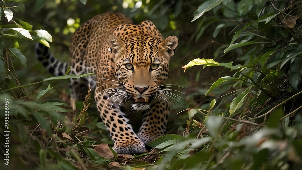 Naklejka premium This captivating image showcases a leopard in full hunting mode, creeping silently through dense underbrush. With its body low to the ground and eyes locked in focus, the leopard exudes stealth and st