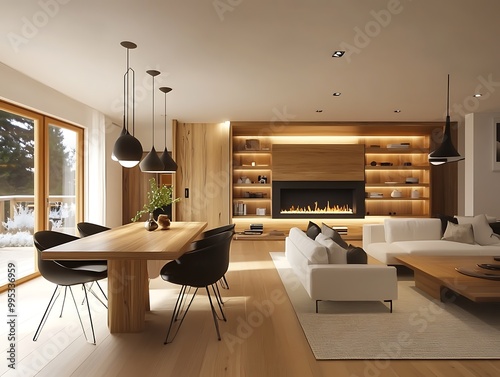 Interior view design of a modern luxury house living room with new unique furniture, there is a dining room in the living room and a fire place in background