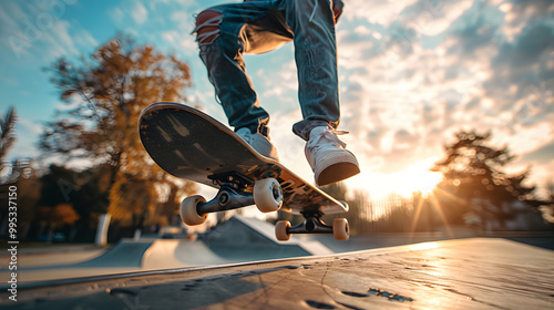 Skater doing kickflip on the ramp at skate park - Stylish skaterboy training outside - Extreme sport life style concept photo