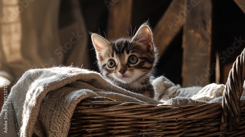 Sweet kitten lying in a basket with soft blankets in a cozy wooden interior photo