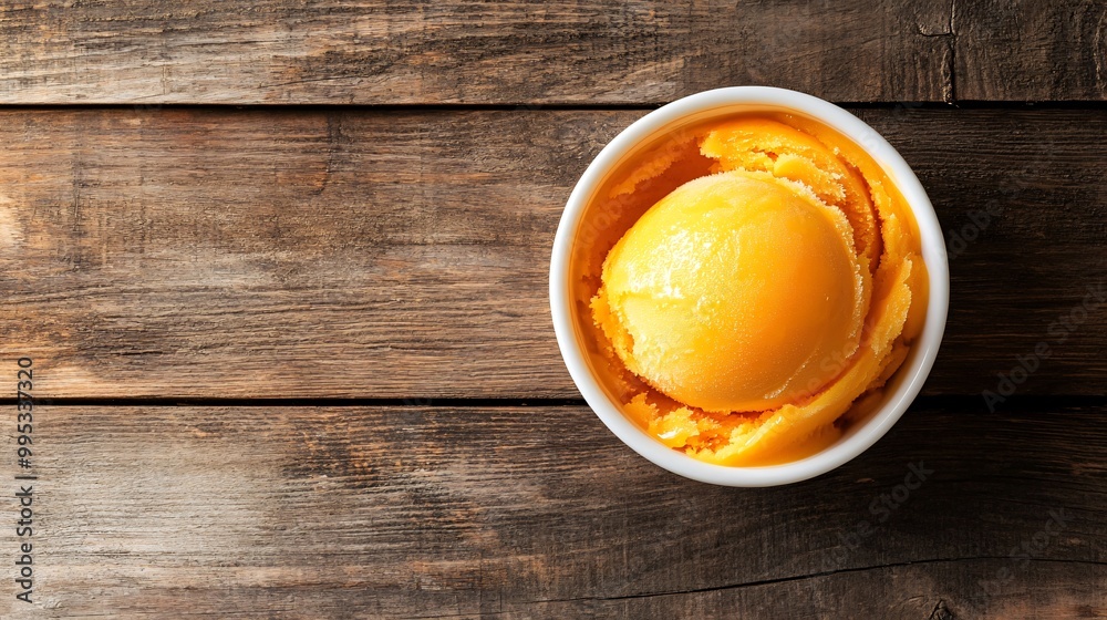 Top view of mango sorbet in a white bowl on a rustic wooden surface. Top view of mango sorbet in a white bowl on a rustic wooden surface.