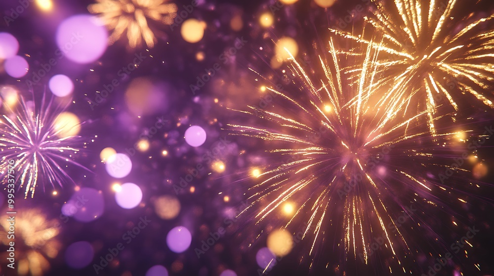 Celebration and Christmas theme purple and golden bokeh background with fireworks and sparkles Celebration and Christmas theme purple and golden bokeh background with fireworks and sparkles
