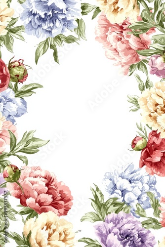 yellow peonies flowers, Watercolor, so many peonies flowers, The color scheme features pink, purple, red, and yellow, framed around, white blank space in center, white background, high resolution, cle