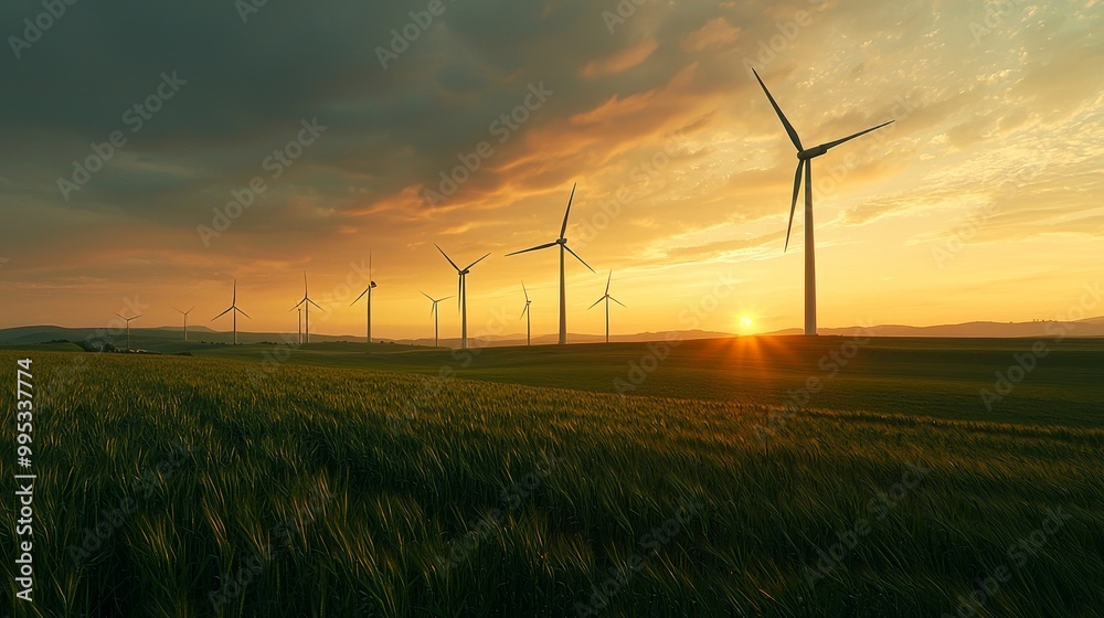 Row of wind turbines in a field at sunset, harnessing clean energy from the wind Row of wind turbines in a field at sunset, harnessing clean energy from the wind