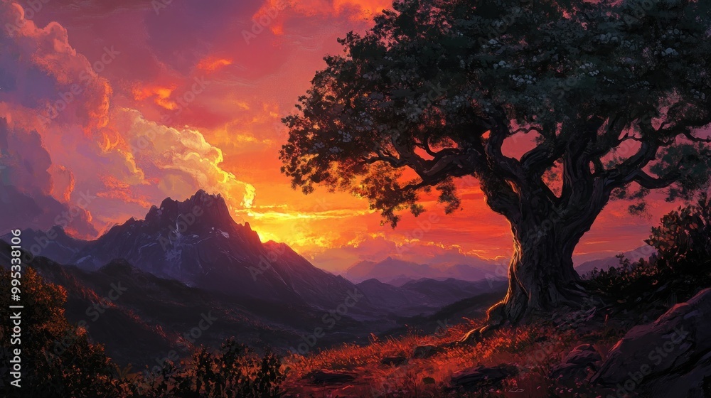 A lone tree silhouetted against a vibrant sunset over a mountainous landscape.