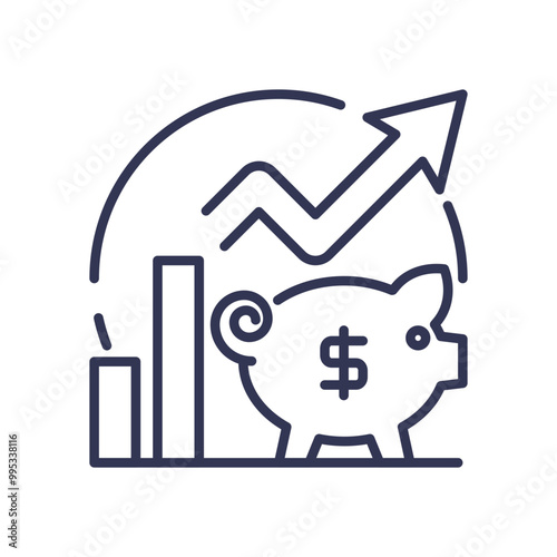 Illustration of a piggy bank, bar chart, and upward arrow symbolizing financial growth and savings over time.