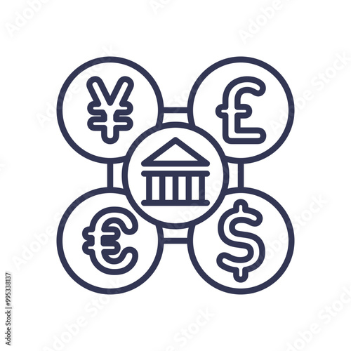 Illustration of a bank surrounded by currency symbols representing global financial transactions.