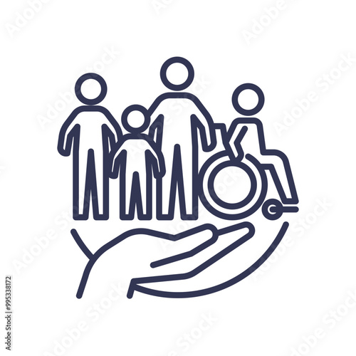 Illustration of diverse individuals, including a person in a wheelchair, supported by a hand, symbolizing inclusivity and care.