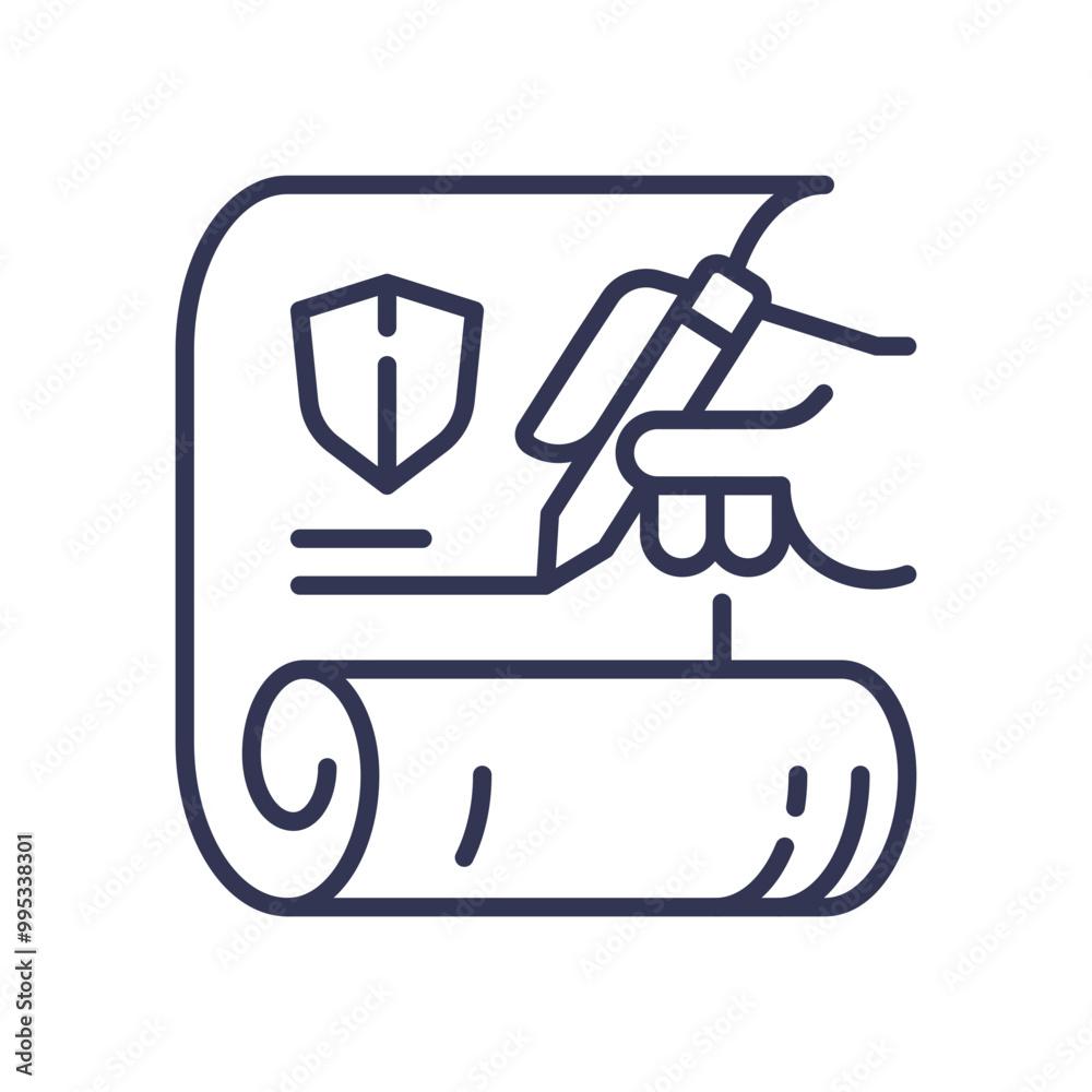 Hand signing a policy agreement document with a shield icon, symbolizing security and legal commitment. Hand signing a policy agreement document with a shield icon, symbolizing security and legal commitment.