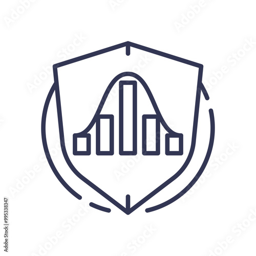 Shield with a bar graph and bell curve symbolizing reliability and data protection.