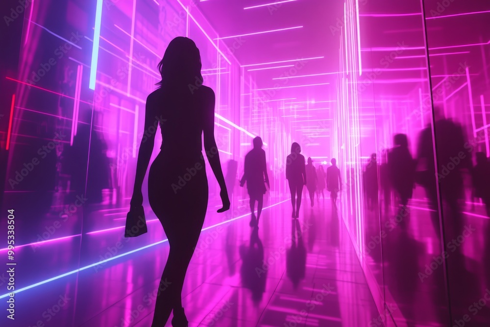 A woman walks down a hallway with other people in a neon pink room A woman walks down a hallway with other people in a neon pink room