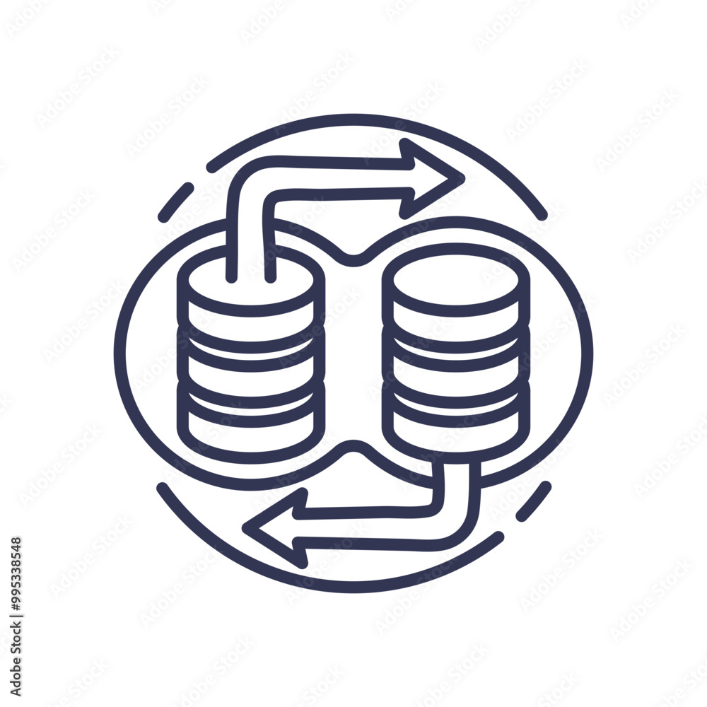 Two database icons with arrows indicating data transfer, symbolizing data integration and synchronization. Two database icons with arrows indicating data transfer, symbolizing data integration and synchronization.