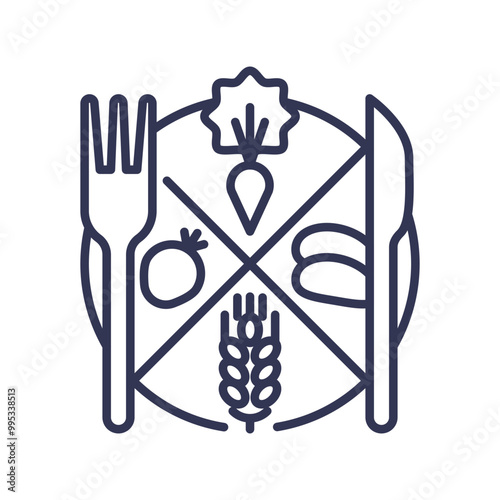 Illustration of a balanced diet with sections for vegetables, fruits, grains, and proteins, symbolizing healthy eating.