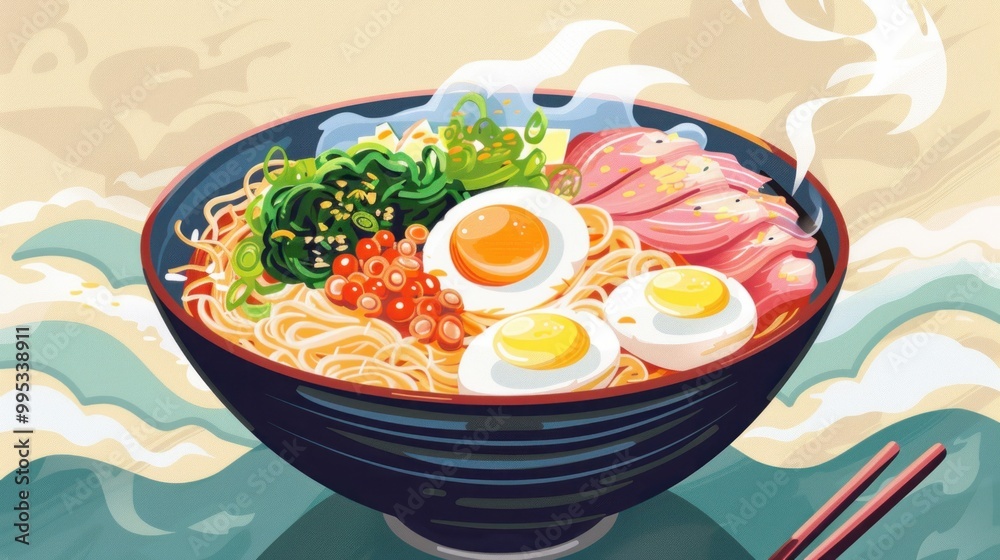 Bowl of ramen with noodles, eggs, seaweed, and toppings in an illustrated style. Japanese cuisine and food illustration concept. Bowl of ramen with noodles, eggs, seaweed, and toppings in an illustrated style. Japanese cuisine and food illustration concept.