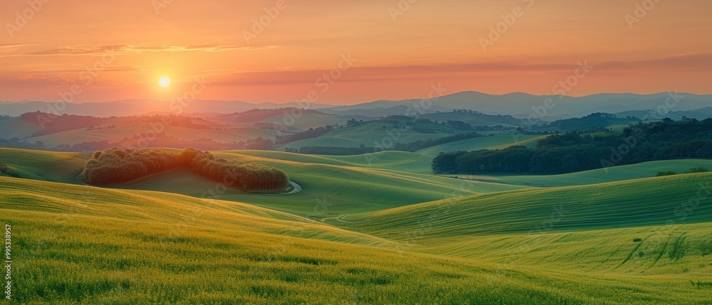 Serene Sunset Over Rolling Green Hills Landscape Serene Sunset Over Rolling Green Hills Landscape
