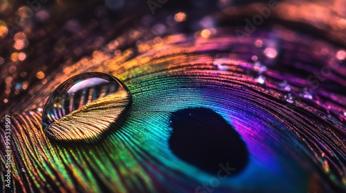 Close-up of a water drop on a peacock feather with iridescent colors photo