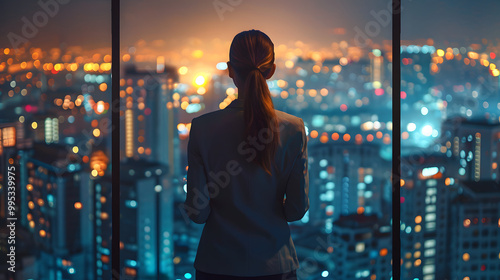 Successful Businesswoman in Stylish Suit Working on Top Floor Office Overlooking Night City. High Achievement Female CEO of Humanitarian Investment Fund, Human Face of Sustainable photo