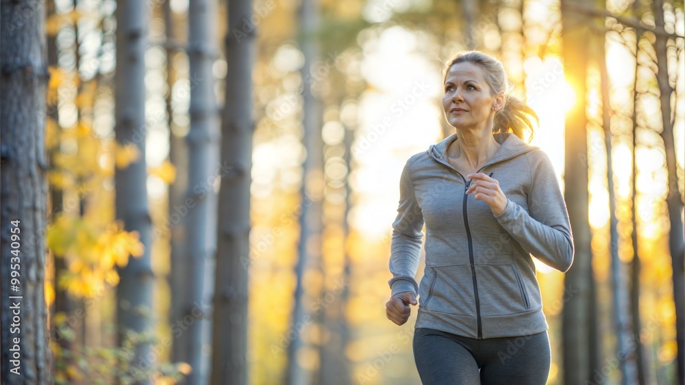 Portrait of a middle aged woman running in the wilderness with sun through the nature and leaves Portrait of a middle aged woman running in the wilderness with sun through the nature and leaves