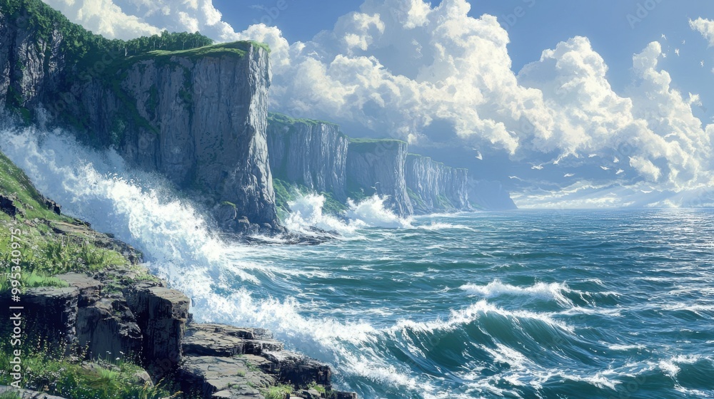 A painting of a rocky shoreline with crashing waves and a cloudy sky A painting of a rocky shoreline with crashing waves and a cloudy sky