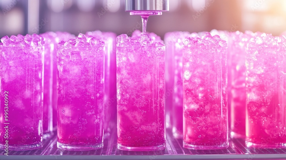 Vibrant pink drinks with ice and soda dispenser in bright light Vibrant pink drinks with ice and soda dispenser in bright light