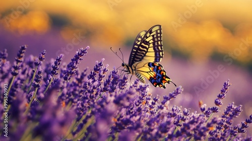 A beautifully patterned butterfly hovering above a lavender field, its wings moving gracefully as it enjoys the peaceful surroundings. photo