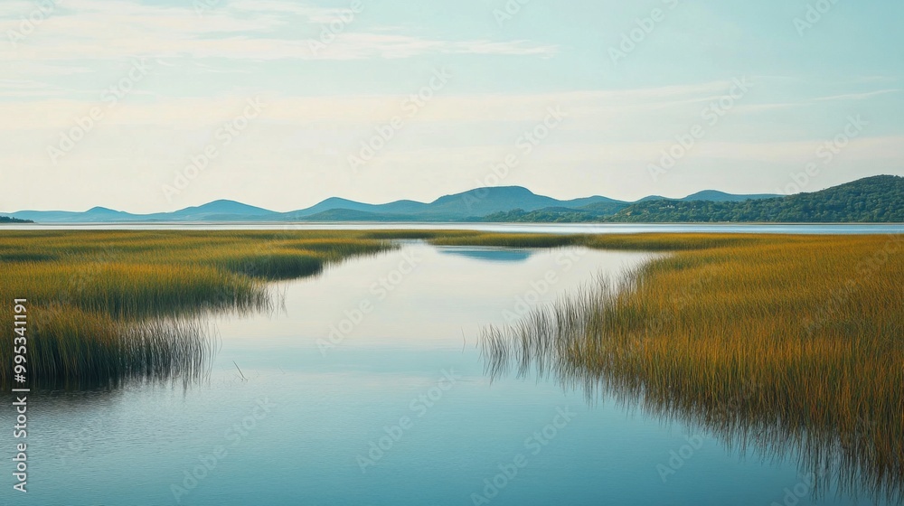 A calm lake with a few trees in the background A calm lake with a few trees in the background
