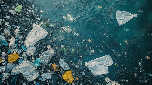 Close-up of used plastic bags floating in the ocean. Ocean pollution due to plastic bags. Environmental pollution concept photo