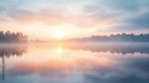 A beautiful sunrise over a lake with a foggy sky