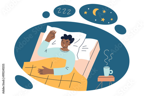 Vector illustration of man peacefully sleeping in bed, cozy bedroom with nightstand. Comfortable pillow, blanket and bedding. Night scene with stars and moon. Rest, relaxation, and wellness concepts